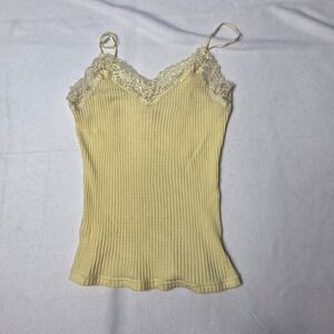 Frenchi Women's Cami Yellow Ribbed Lace Trim Large Y2k Cottagecore